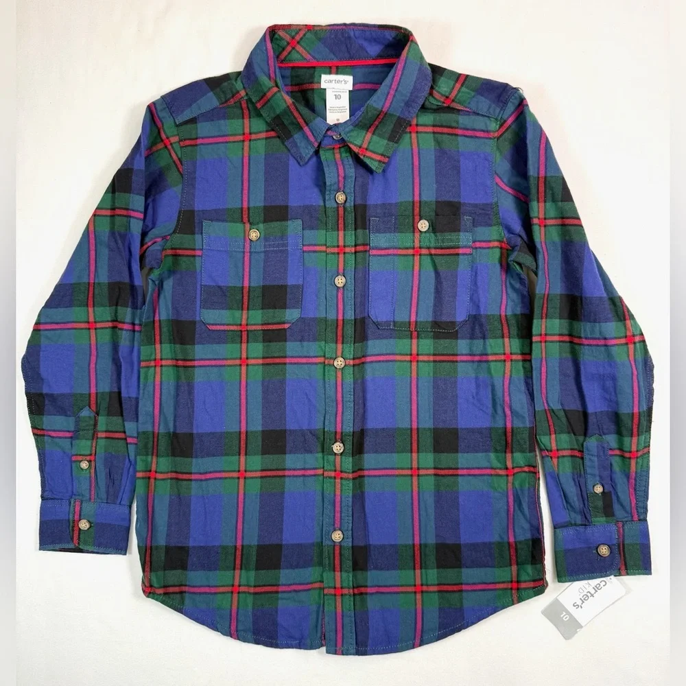 NWT CARTER'S Boys' Blue‎ & Green Tartan Plaid Long Sleeve Casual Button Down 10